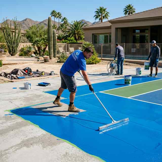 Crew applying fresh pickleball court paint and resurfacing